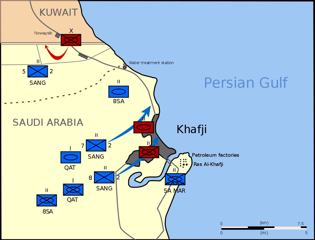 Map of military operations during the liberation of Khafji